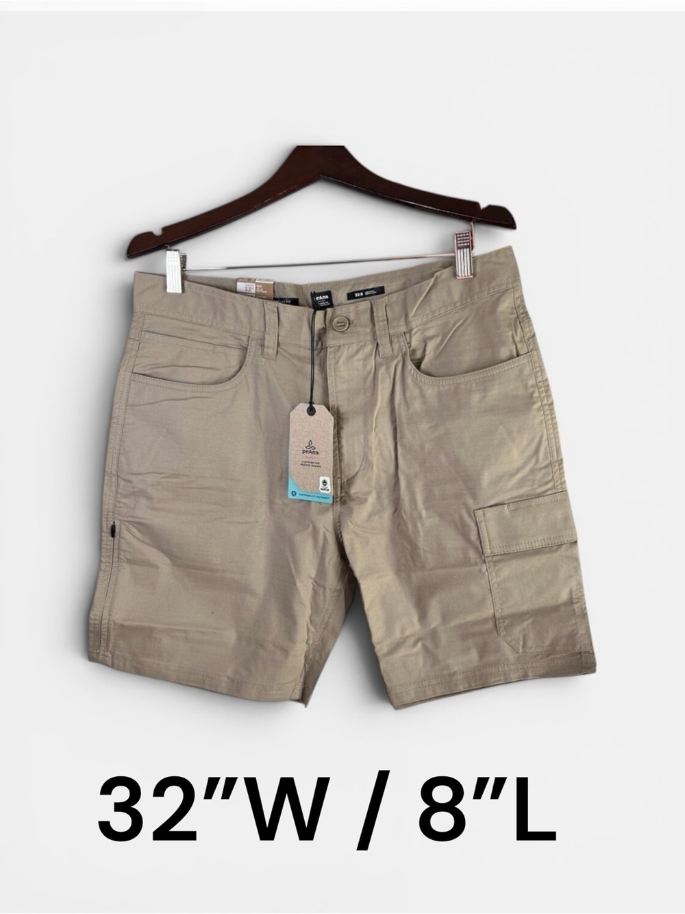 prAna Mens Standard Double Peak Hiking Cargo Short 32"W 8"Length in Sandbar - Picture 1 of 9